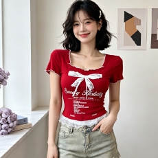 批发辣妹甜酷风少女美式短袖上衣蝴蝶结印花蕾丝设计拼接<b class='q'>T</b><b class='q'>恤</b>蕾丝花边