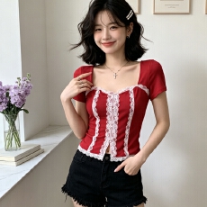 批发纯欲辣妹方领蕾丝花边短袖<b class='q'>T</b>恤衫女夏季性感露锁骨显瘦上衣带胸垫