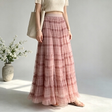 批发夏季温柔格纹网纱蛋糕半身裙女高腰垂感显瘦长款百褶仙女<b class='q'>拖地</b><b class='q'>长裙</b>