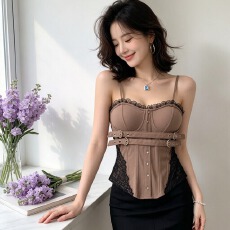 批发夏季纯欲蕾丝花边束腰吊带背心双腰带收腰<b class='q'>显瘦</b>鱼骨内搭短款上衣