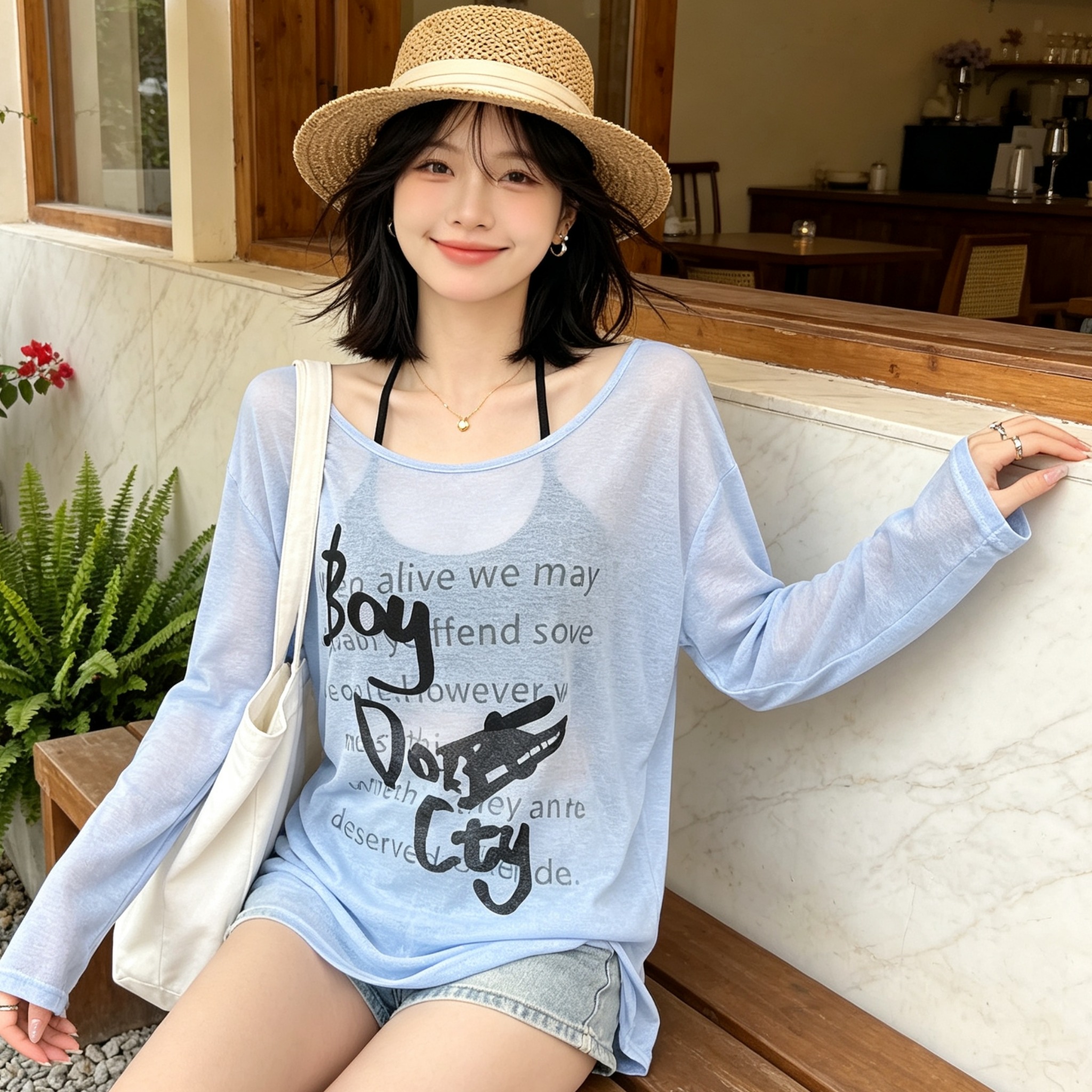 BY28466# 美式字母薄款防晒罩衫女夏季宽松微透慵懒风辣妹复古长袖T恤上衣 服裝批發女裝批發服飾貨源