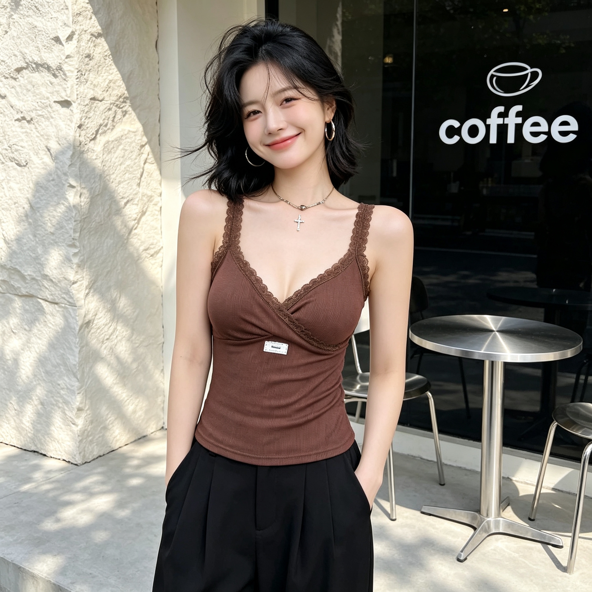 夏季带胸垫蕾丝V领吊带背心女修身螺纹内搭显瘦美背打底上衣 服裝批發女裝批發服飾貨源