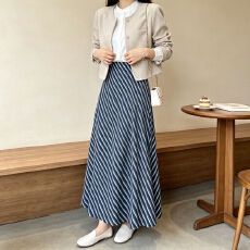 批发韩系斜条纹A字半身裙女2026早<b class='q'>秋</b>新款高腰显瘦垂感气质百搭长裙