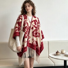 复古提花流苏披肩斗篷女民族风加厚保暖外搭旅游拍照氛围感开衫外
