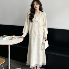 批发温柔蕾丝蝴蝶结羊驼绒<b class='q'>套装</b>女韩系慵懒针织上衣半身裙两件套秋冬季