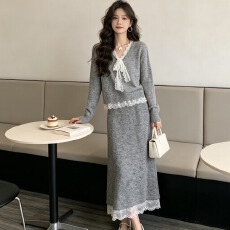 批发温柔蕾丝蝴蝶结针织<b class='q'>套装</b>女秋冬羊驼绒上衣高腰半身裙两件套韩系通