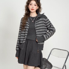批发韩系翻领条纹拉链针织套装女2026早秋显瘦百褶<b class='q'>短裙</b>可两件/三件套
