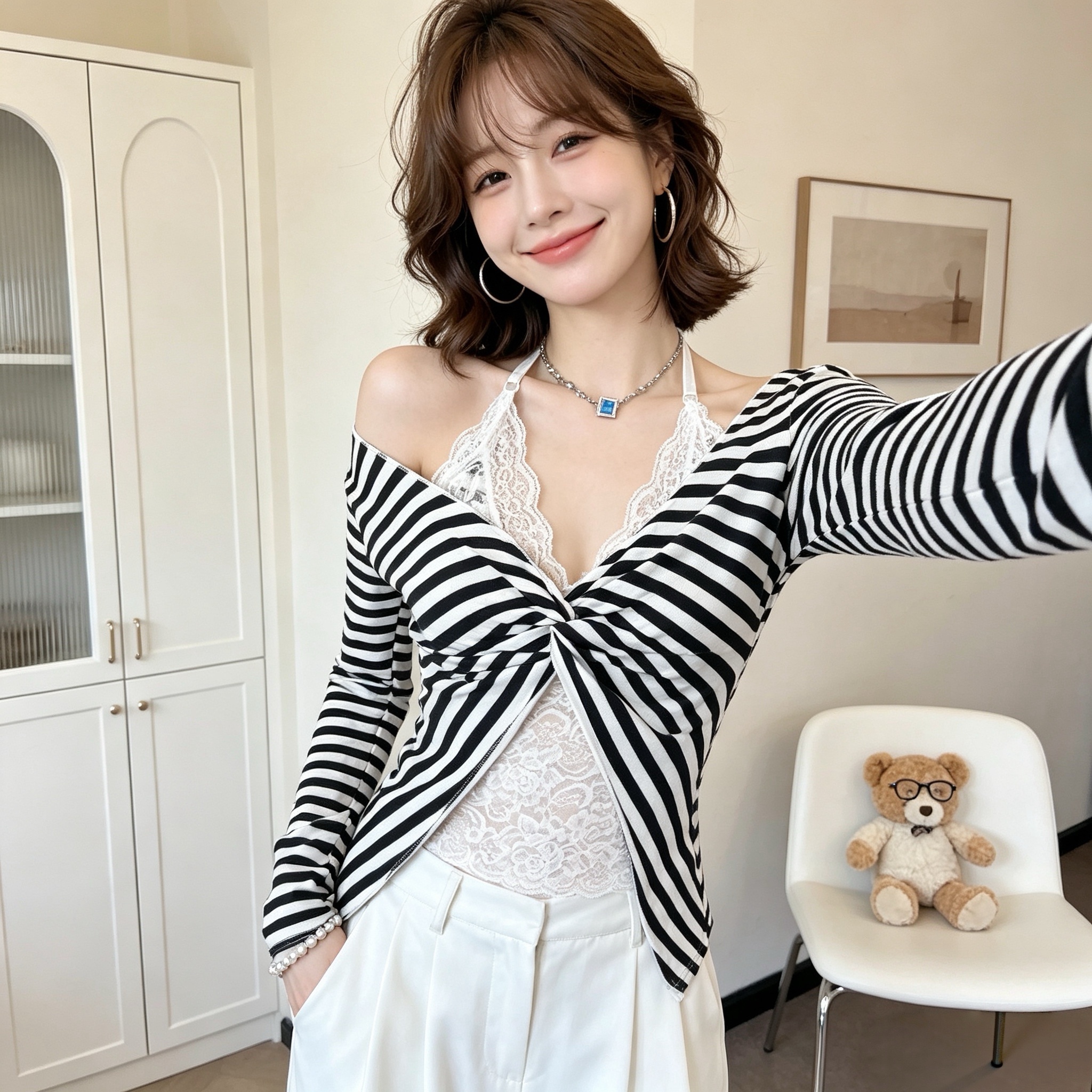 秋韩系扭结条纹长袖上衣女蕾丝挂脖假两件纯欲修身显瘦辣妹打底衫  服裝批發女裝批發服飾貨源