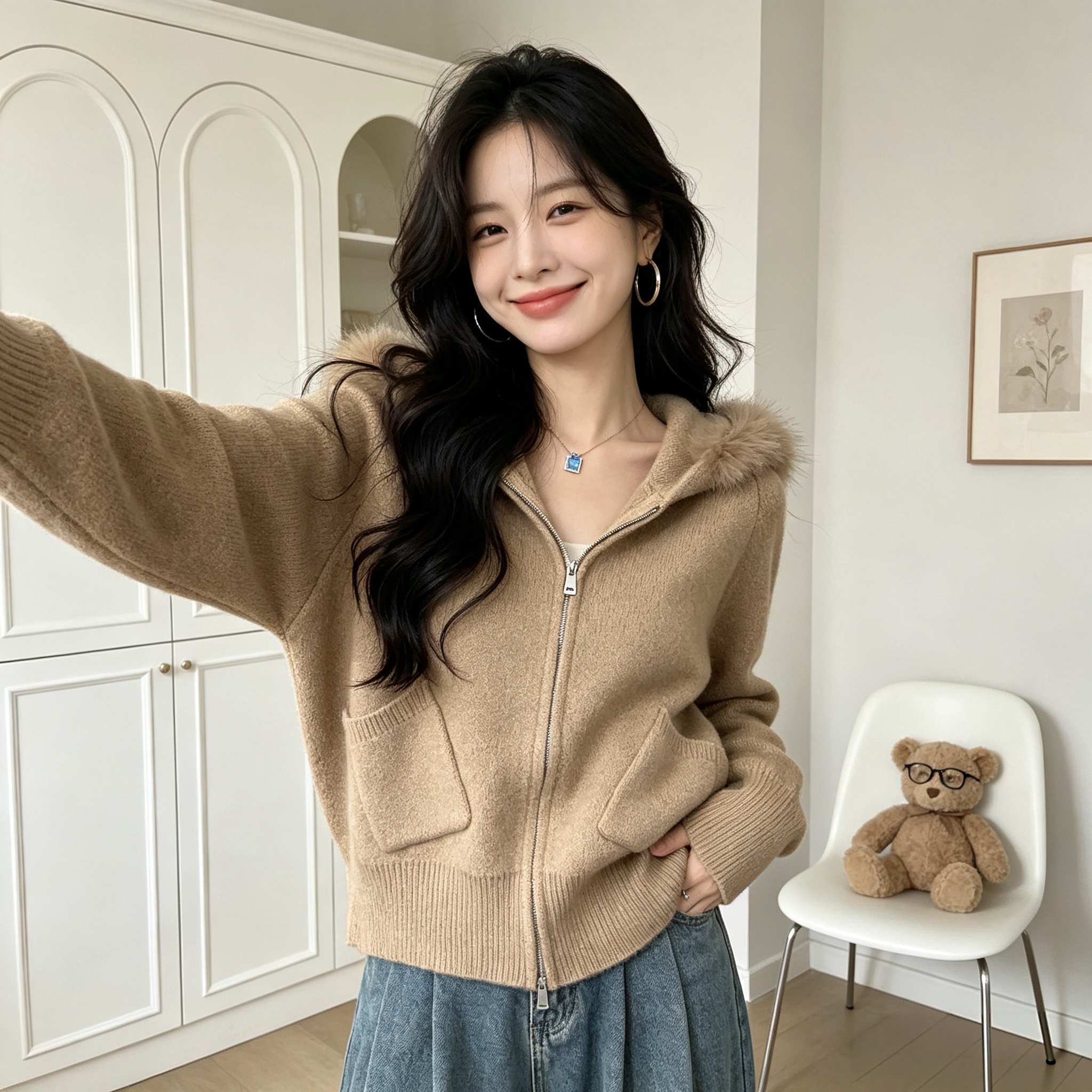 软糯毛领连帽针织开衫女秋冬温柔显瘦拉链绵羊绒短款外套带口袋