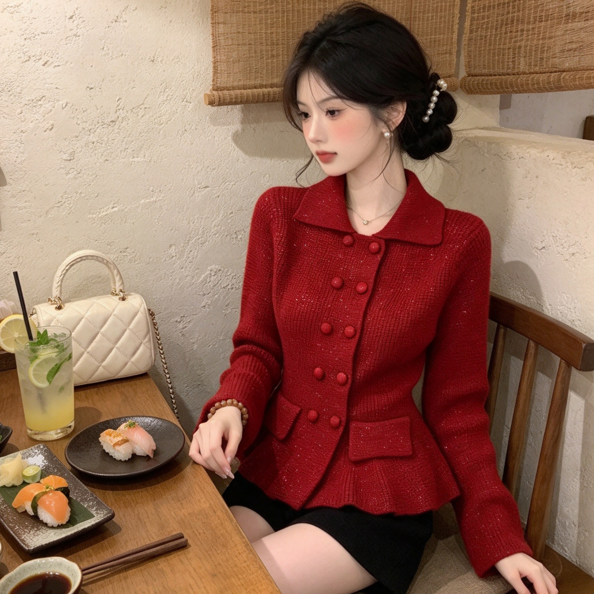 RY9034# 翻领双排扣亮丝针织开衫女收腰荷叶摆华夫格气质通勤毛衣外套秋...