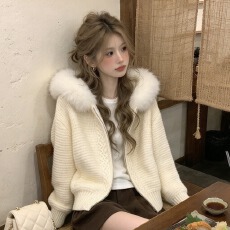 韩系秋冬温柔风米白卡其深灰带帽拉链长袖针织衫显瘦百搭慵懒毛衣