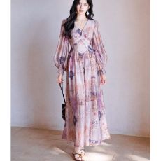 批发波西米亚2026年天丝麻印花V领收腰显瘦裙游牧波嬉风<b class='q'>连衣裙</b>