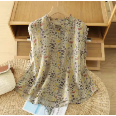 批发碎花衬衫无袖女2026新款爆款夏季轻奢高级感高端苎麻棉麻小衫上衣