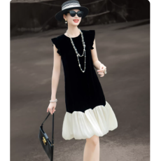 批发2026夏季新款气质法式复古拼接撞色无袖黑色真丝<b class='q'>丝绒</b><b class='q'>连衣裙</b>