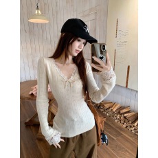 批发大码花边蝴蝶结毛领v领长袖针织T恤女叠穿修身打底上衣秋<b class='q'>冬</b>新款