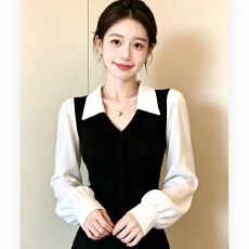 批发大码 小香风简约休闲黑白撞色拼接衬衫女早春日常<b class='q'>通勤</b>上衣