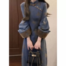 批发新中式国风复古高级感<b class='q'>改良</b><b class='q'>旗袍</b>连衣裙秋冬季民国风牛仔长裙