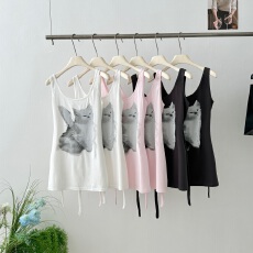 纯欲大领口绑带两穿吊带裙猫咪印花背心上衣