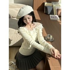 批发2026春装新款设计感气质修身显瘦百搭拼接蕾丝<b class='q'>露肩</b>打底针织衫