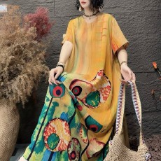 批发欧美跨境女装2026新款棉麻印花<b class='q'>连衣裙</b>女宽松大码休闲高端萱麻长裙