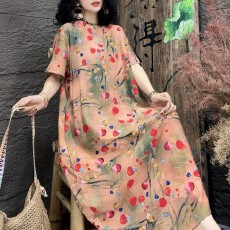 批发欧美跨境女装2026新款棉麻印花<b class='q'>连衣裙</b>女宽松大码休闲高端萱麻长裙