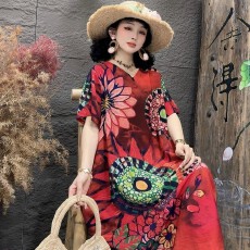 批发欧美跨境女装2026新款棉麻印花<b class='q'>连衣裙女</b>宽松大码休闲高端萱麻长裙