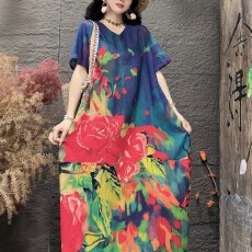 批发欧美跨境女装2026新款印花<b class='q'>连衣裙女</b>宽松大码休闲高端萱麻长裙