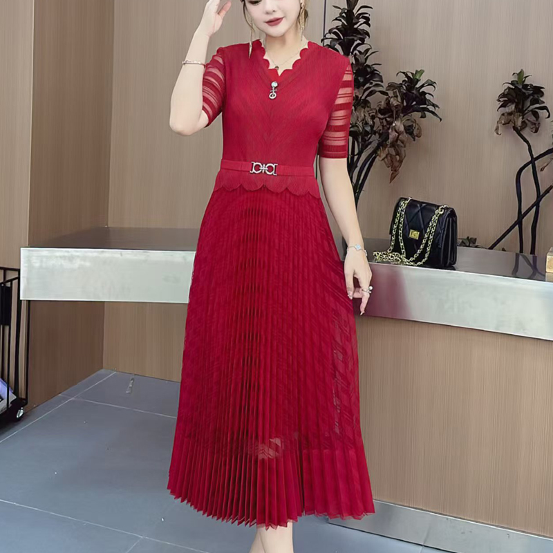 RY4432# 三宅褶皱裙子2026夏新款百褶连衣裙女时尚收腰显瘦中长款百褶裙
