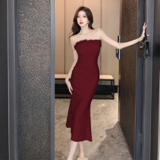 批发实拍气质抹胸礼服连衣裙女秋冬新款性感<b class='q'>一字肩</b>修身鱼尾裙包臀长裙