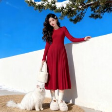 批发韩国百搭针织<b class='q'>连衣裙</b>女秋冬加厚配大衣内搭长裙法式气质打底毛衣裙