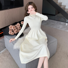 批发实拍舒适百搭简约时尚修身淑女纯色气质打底针织连衣裙高领长裙