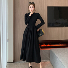 批发实拍时尚气质简约通勤休闲收腰修身显瘦百搭黑色磨毛连衣裙长裙