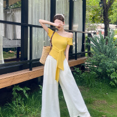 批发2026韩系氛围感穿搭设计感露肩短袖收腰上衣休闲阔腿裤高腰两件套