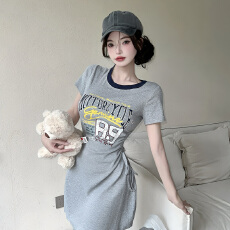 批发韩系字母印花短袖T恤裙2026设计感休闲<b class='q'>百搭</b>修身显瘦减龄抽绳淑女