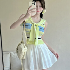 批发实拍韩版海军领条纹撞色无袖绑带时尚针织衫+白色短裙两件套套装