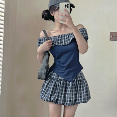 批发实拍法式复古小个子学院风娃娃领一字肩短袖格纹短裙<b class='q'>套装</b>两件套