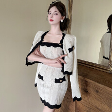 实拍名媛贵气小香风撞色气质针织修身包臀抹胸裙开衫两件套套装