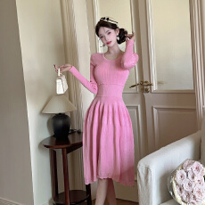 实拍法式简约大方高级感气质小香风针织连衣裙圆领百搭掐腰显瘦