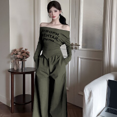 韩版露肩简约斜领绑带字母印花T恤春秋高腰宽松阔腿裤套装两件套