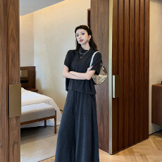 批发实拍开春休闲慵懒百搭<b class='q'>通勤</b>简约宽袖针织上衣宽松口袋阔腿裤套装