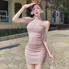 批发<b class='q'>实拍</b>法式春季薄款简约气质蕾丝露背出片挂脖纯欲包臀连衣裙短裙