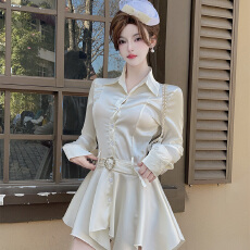 批发<b class='q'>实拍</b>法式长袖缎面收腰修身百搭连衣裙设计感显瘦辣妹衬衫裙高级感