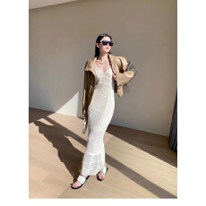 批发<b class='q'>韩国</b>气质镂空编织V领针织吊带连衣裙女春夏季无袖修身OL背心<b class='q'>长裙</b>