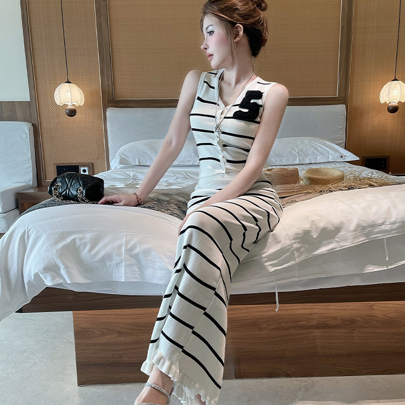 夏季新款百搭通勤5字条纹上衣半身裙长裙两件套套装  服裝批發女裝批發服飾貨源