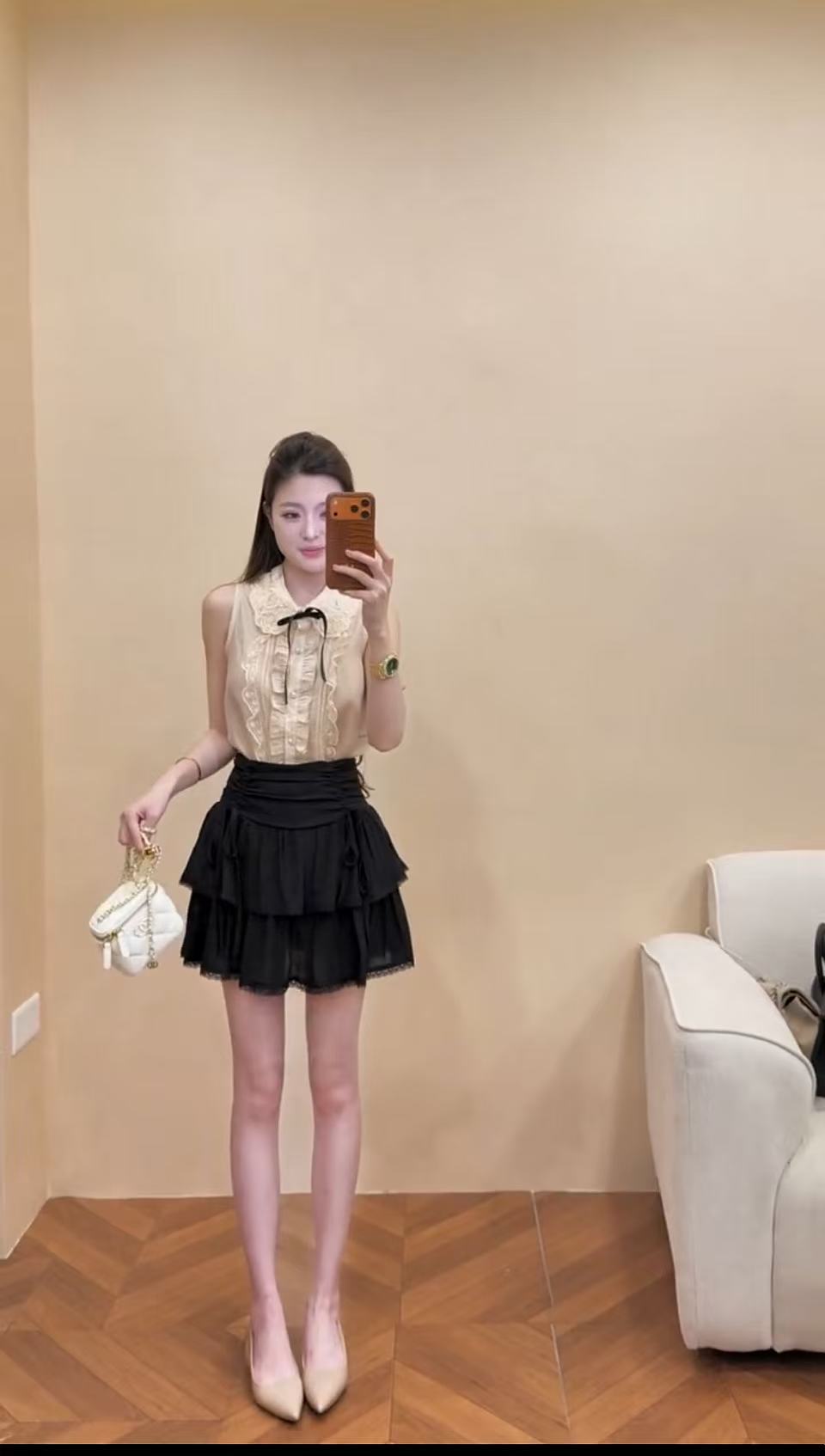 超火夏装一整套法式千金感复古娃娃领无袖背心蓬蓬短裙两件套  服裝批發女裝批發服飾貨源