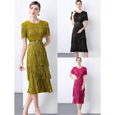 批发三宅2025外贸烫金流苏蛋糕裙<b class='q'>欧美</b>短袖夏季新款优雅宽松褶皱连衣裙