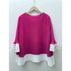 批发褶皱拼色钉珠上衣时尚百搭简约<b class='q'>欧美</b>宽松跨境拼接长袖T恤秋款外套