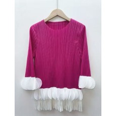 批发褶皱拼色荷叶边立体装饰流苏设计感上衣秋季外套T恤跨境<b class='q'>欧美</b>修身