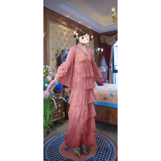 批发褶皱烫金流苏外贸连衣裙盘花喇叭袖设计感三宅<b class='q'>欧美</b>风秋季系带长裙