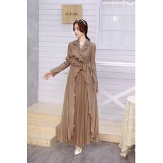 批发褶皱秋季重工钉珠翻领绑带收腰不规则压褶长裙木耳边女跨境连衣裙